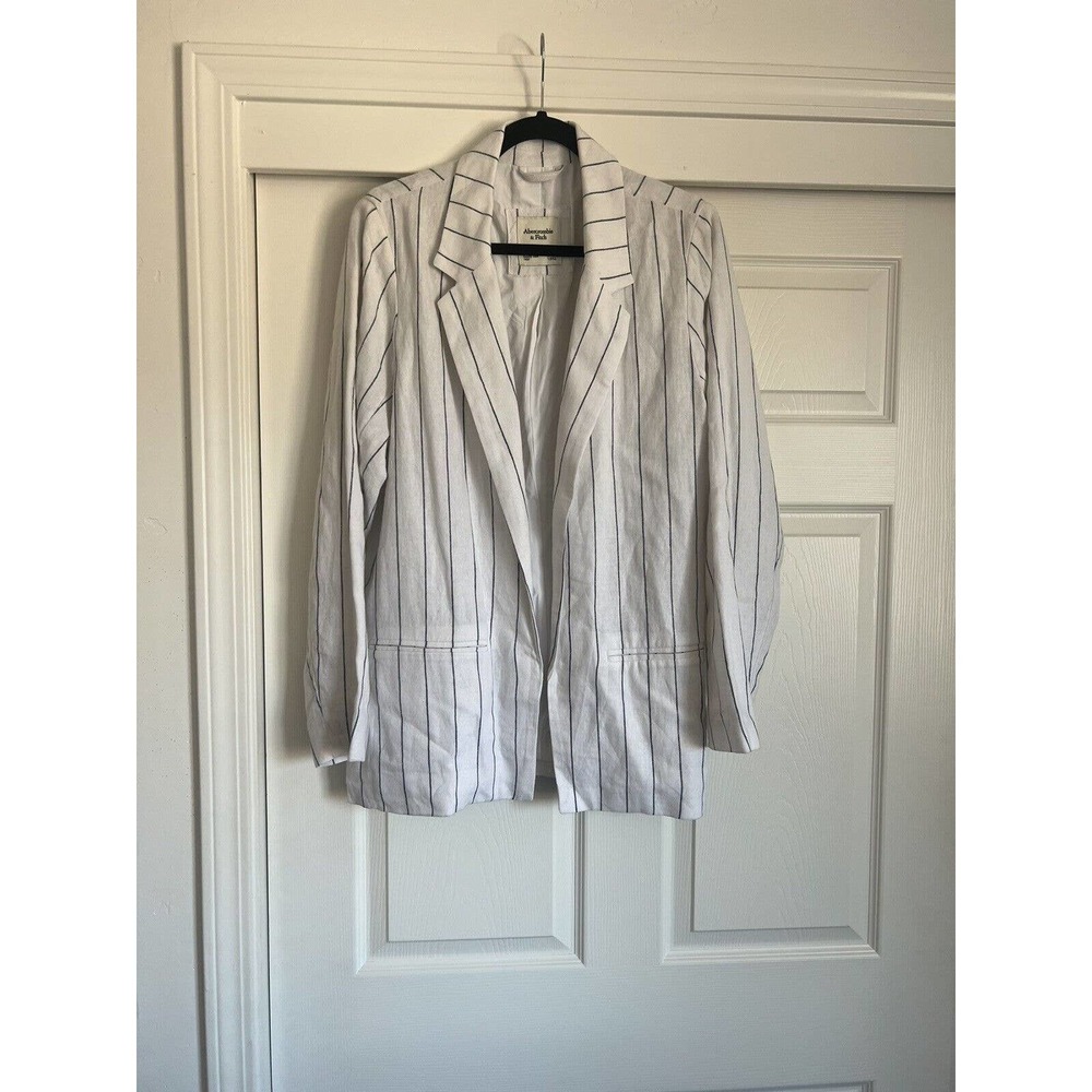 Abercrombie & Fitch Linen Blazer Womens XL White Pinstriped Open Long Sleeve